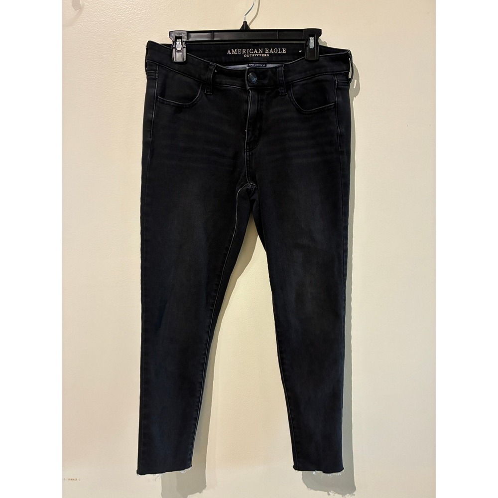 American Eagle Super Stretch X4 Skinny Jeans Washed Black Raw Hem Womens Size 10